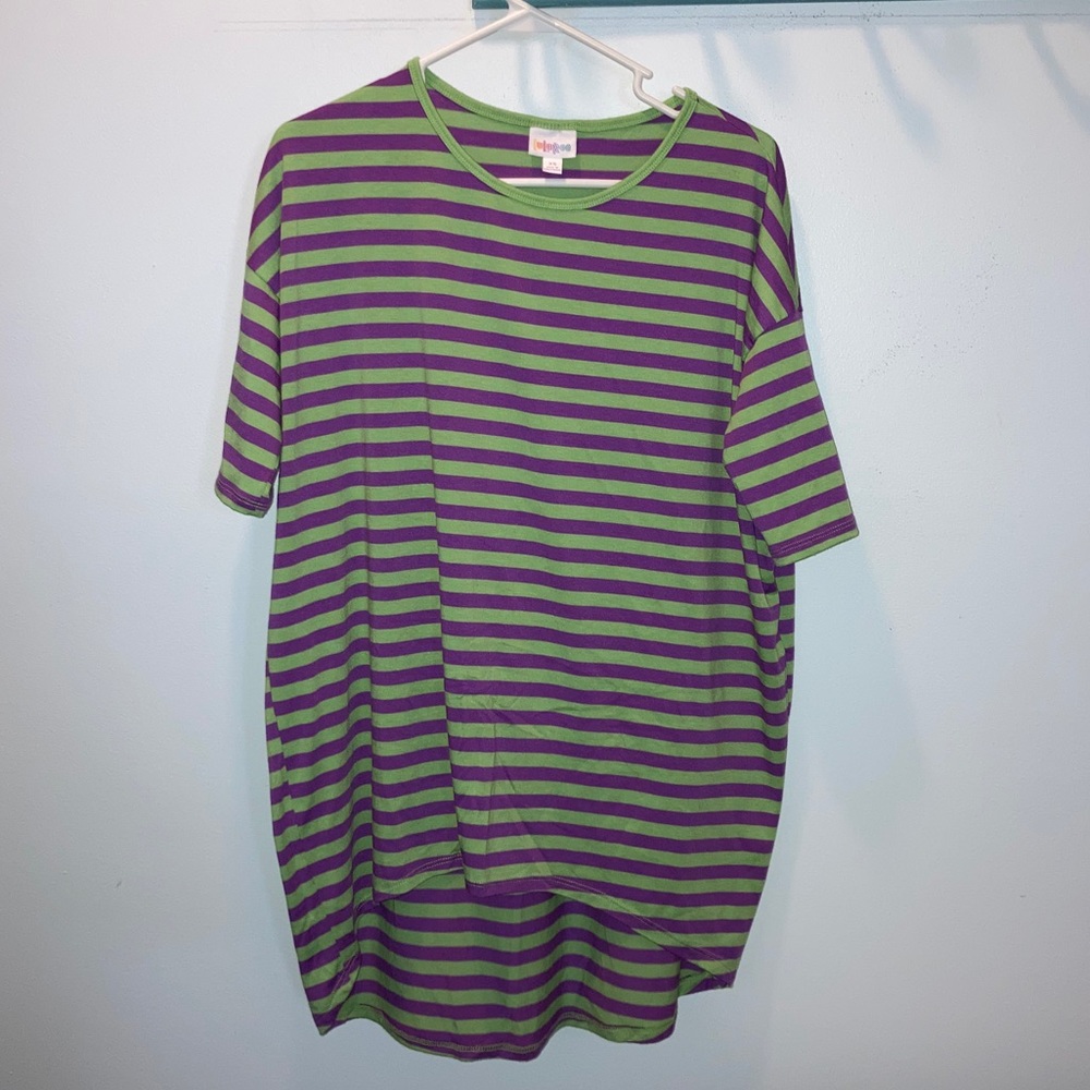 LulaRoe Irma purple lime green stripe top